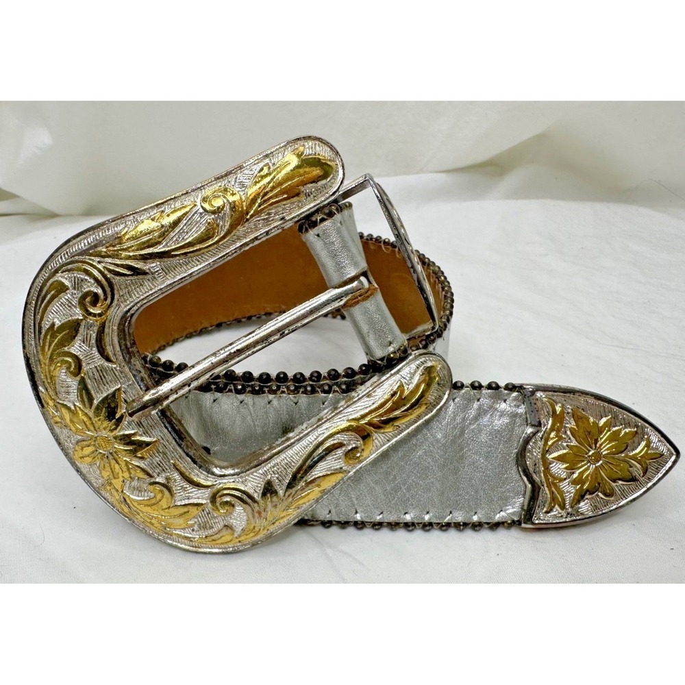 Belts by Simon Silver Leather Gold Buckle Western Cowboy Floral Fits 24-26
